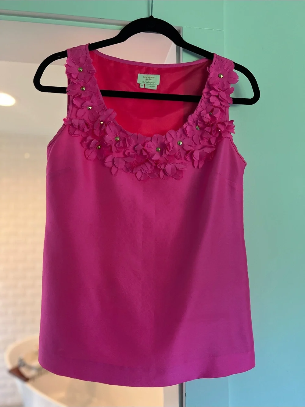 Kate Spade 100% Silk Pink Floral-Trim Tank Top